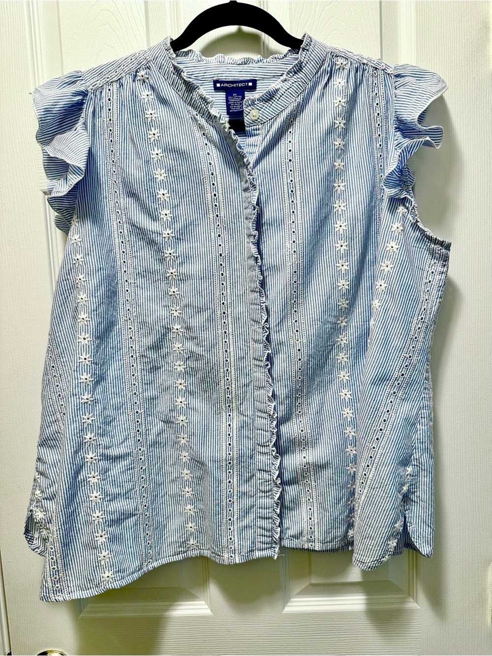 Cotton Architect Blue and White Pinstripe Flutter Sleeve Eyelet Ruffle Blouse 2X